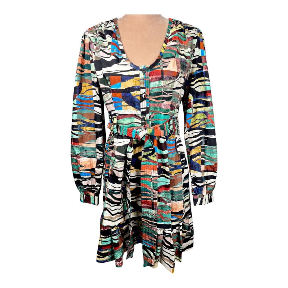 Marie Oliver Dedra Shirt Dress Womens Sz 4 Multicolor Belted Ruffel Hem New